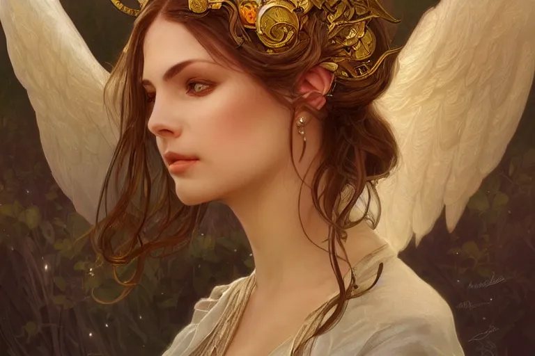 Image similar to portrait of beautiful angel, d & d, face, fantasy, intricate, elegant, highly detailed, digital painting, artstation, concept art, smooth, sharp focus, illustration, art by artgerm and greg rutkowski and alphonse mucha