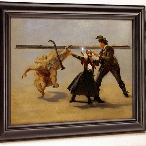 Image similar to man and woman fighting a monster by alfred stevens