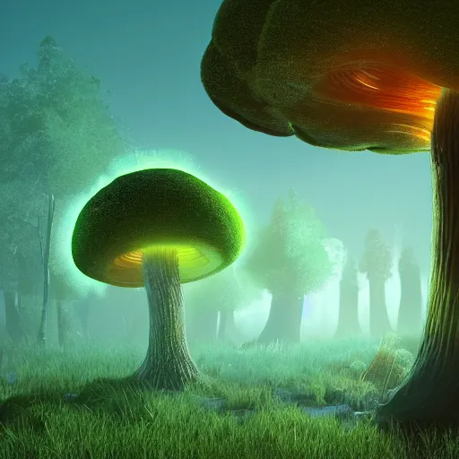 Image similar to A realistic strange neon lanscape, realistic, 4k resolution, detailled, realistic shaders, neon mushrooms, mushrooms particles, painting, forests, strange neon plants, realistic, detailled.