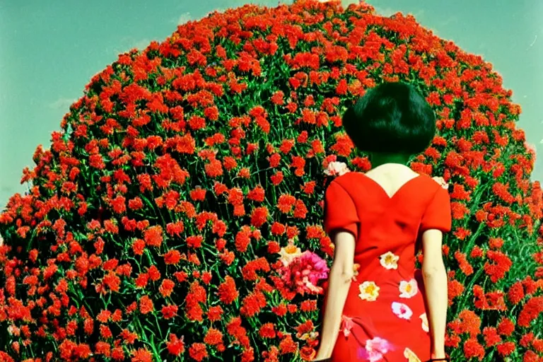 Prompt: giant flower head, girl standing, 1 9 6 0 s, surreal photography, symmetry, mid century, liminal space, bright colours, wes anderson