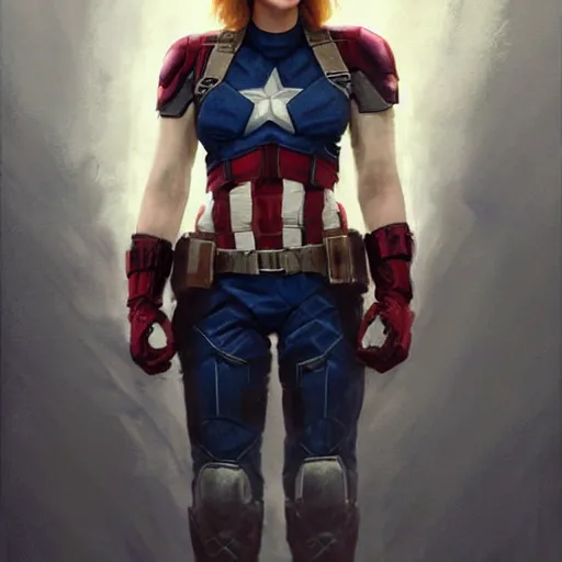 Image similar to captain america played by by scarlett johansson wearing heavy armour, face portrait, athletic strong body, hd shot, digital portrait, elegant, beautiful, fantasy art, artstation, comic style, by artgerm, guy denning, jakub rozalski, magali villeneuve and charlie bowater