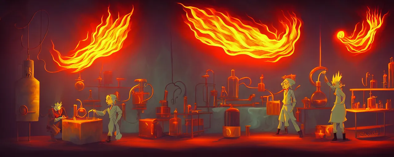 Image similar to wild alchemist mutants in a fiery alchemical lab deep in the imaginal sea, dramatic lighting, surreal fleischer cartoon characters, shallow dof, surreal painting by ronny khalil