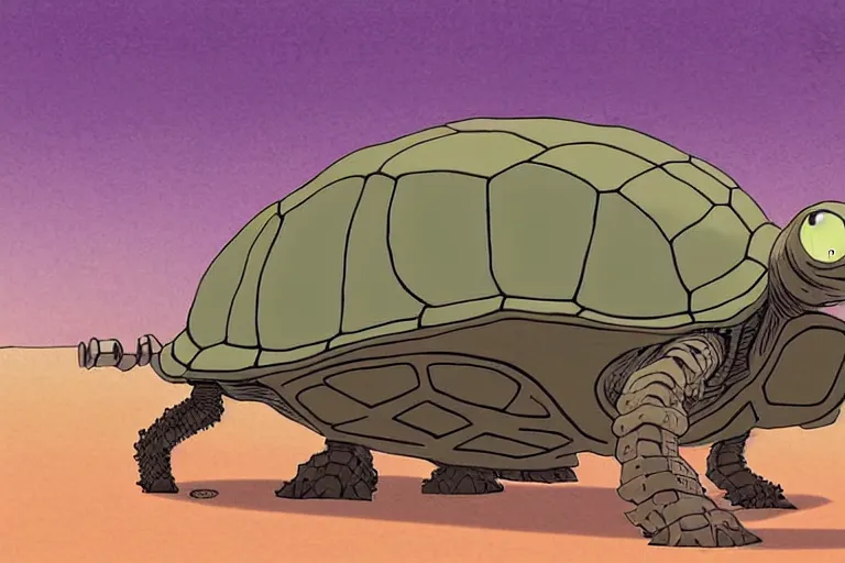 Image similar to a cell shaded cartoon of a lovecraftian mechanized turtle from howl's moving castle ( 2 0 0 4 ), on a desert road, full body, wide shot, very muted colors, post grunge, studio ghibli, laurie greasley, highly detailed, deviantart, art by artgem