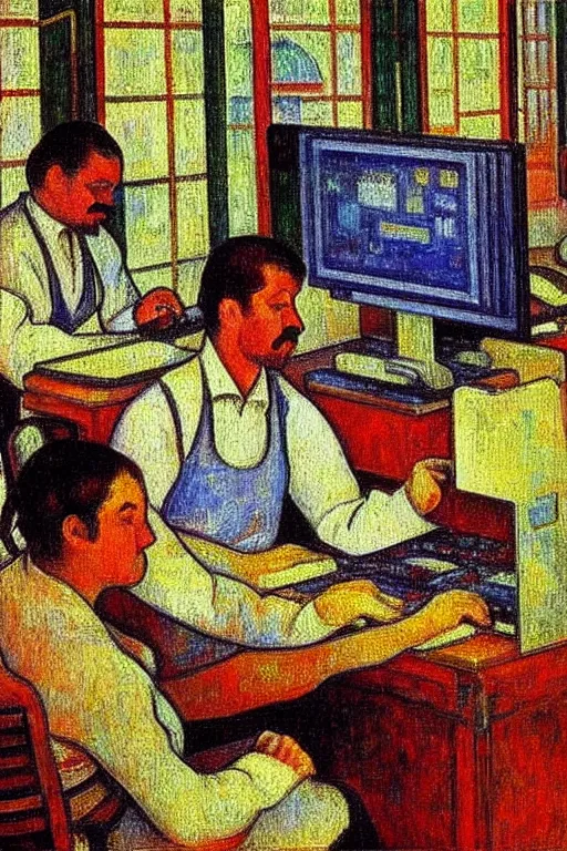 Prompt: oil painting highly detailed computer workers in office painted by paul gaugin, impressionism