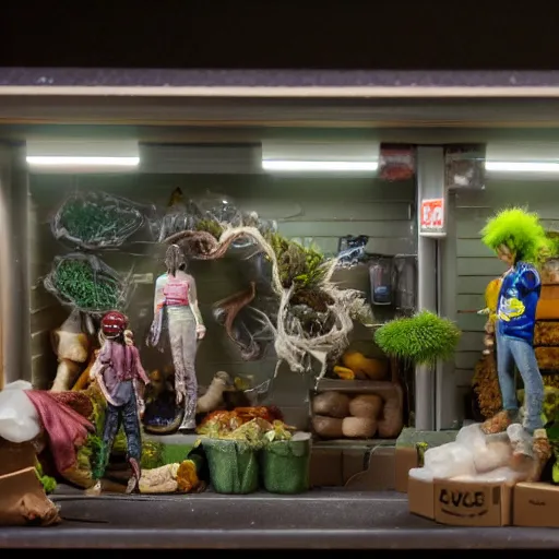 Prompt: garage with carnivorous plants on the shelves and packing peanuts on the floor, scene from tv show hyper detailed 5 5 mm 8 5 mm, low - light photography by tyler williams, made out of plastic