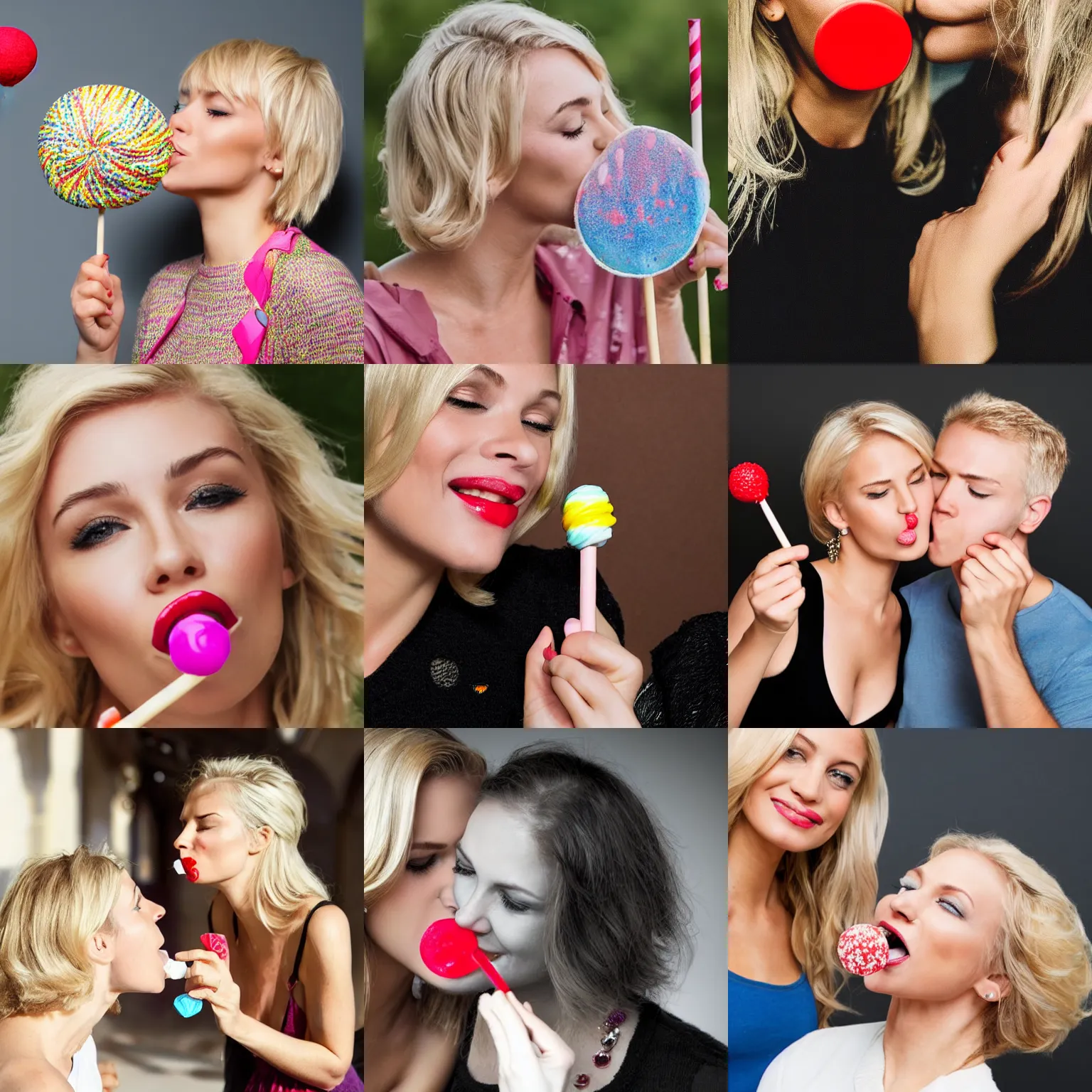 Prompt: a blonde woman kissing a lollipop