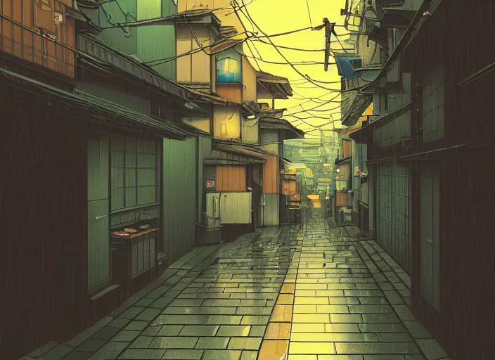 Image similar to window in foreground, tokyo alleyway, rainy day, by cory loftis, makoto shinkai, hasui kawase, james gilleard, beautiful, serene, peaceful, lonely, golden curve composition