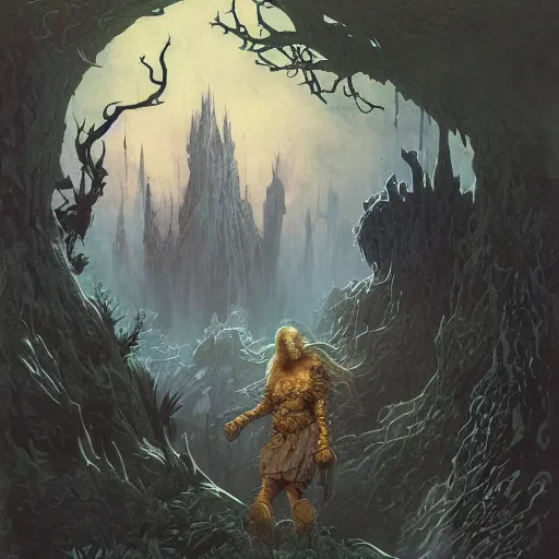 Image similar to a druid at the beginning of the world by alan lee and peter mohrbacher and frank frazetta and mike mignola