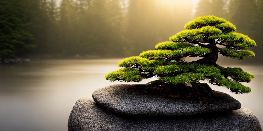 Prompt: photo bonsai cedar on a small rock with shades of edges in the water, gold hour, soft lighting, fog, medium shot, volumetric lighting, beautiful, ultra detailed, cgsociety by leesha hannigan, thierry doizon, kai carpenter, ignacio fernandez rios, 3 5 mm, fujifilm