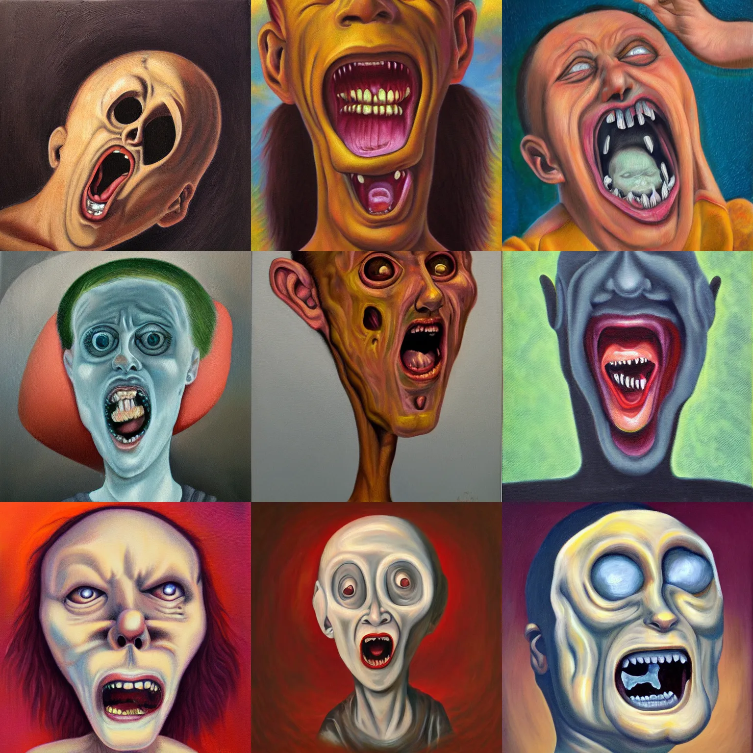 Prompt: A disembodied head screaming, oil painting, surrealism style