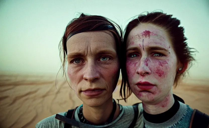 Prompt: cinestill 5 0 d photographic portrait by helen levitt of a female android couple wearing rugged black mesh techwear on a desolate plain, extreme closeup, modern cyberpunk, dust storm, 8 k, hd, high resolution, 3 5 mm, f / 3 2, ultra realistic faces, ex machina