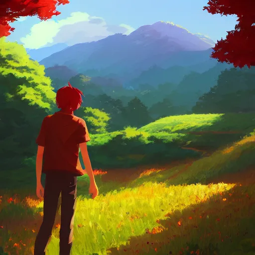 Prompt: red haired teen boy, flower fields and mountains and forest in the background, digital painting, artstation, highly detailed, by makoto shinkai and thomas kindle and James gilleard