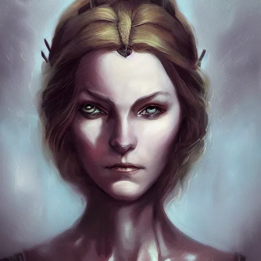 Image similar to a detailed matte head - on portrait painting of an middle - aged half - tiefling noblewoman with golden eyes and short well kept hair, by charlie bowater, lise deharme, wlop, tending on arstation, dungeons and dragon, dnd, pathfinder, fanart, oil on canvas