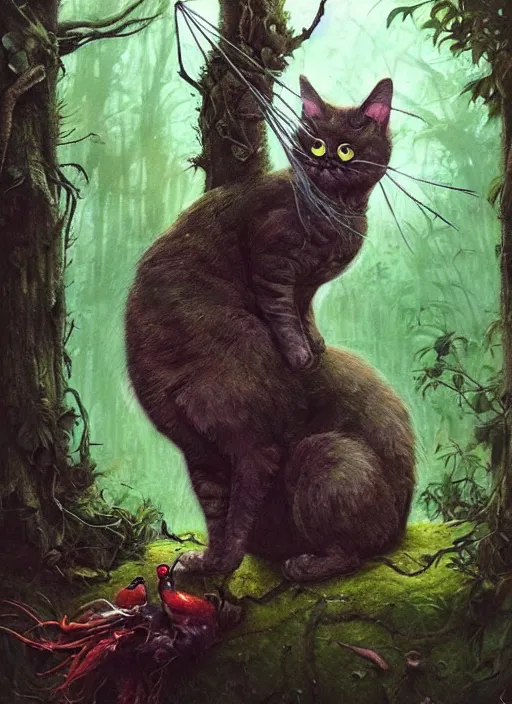 Image similar to a hyper realistic cat witch bird creature in the woods gorgeous lighting, lush forest foliage painting by chiara bautista and beksinski and norman rockwell and greg rutkowski weta studio, and lucasfilm