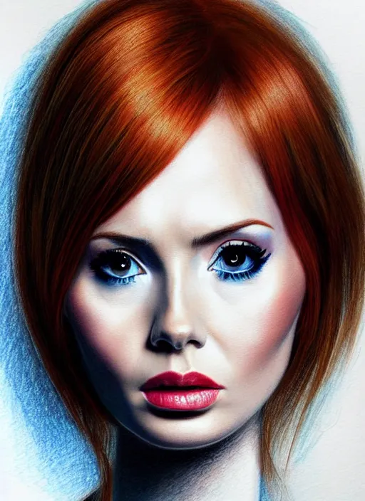 Image similar to sultry look in her eyes Karen Gillan close-up portrait looking straight on, complex artistic color pencil sketch illustration, full detail, gentle shadowing, fully immersive reflections and particle effects.