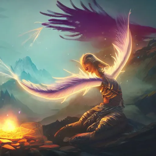 Image similar to magical feather pen, magic smoke trails on the feather pen, epic fantasy style, in the style of Greg Rutkowski, hearthstone artwork