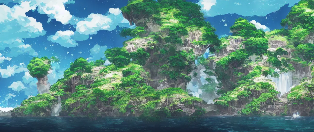 Image similar to a small crumbling island with waterfalls flowing off the island, floating in space, studio ghibli, digital art, detailed, depth of field