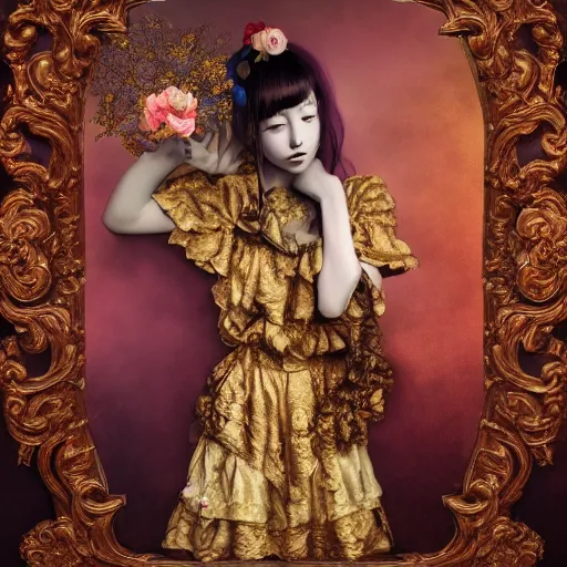 Image similar to 8k, octane render, realism, tonalism, renaissance, rococo, baroque, portrait of a young lady wearing long harajuku manga dress with flowers and skulls, background chaotic gold leaf flowers