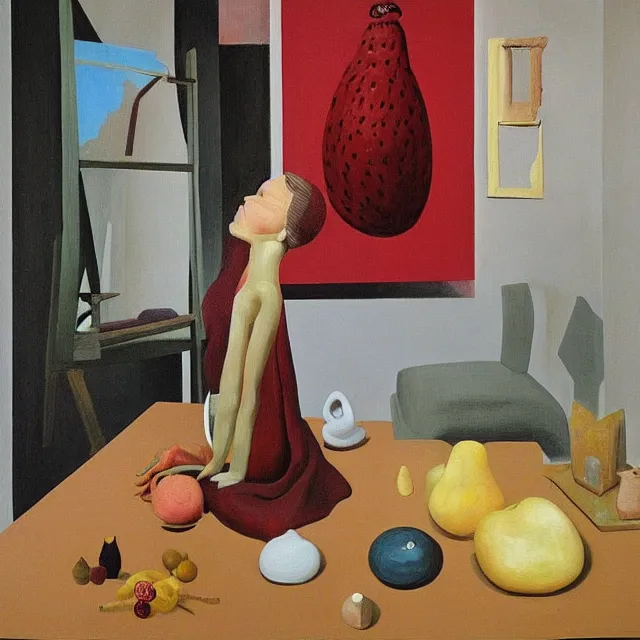 Image similar to a female art student in her apartment, sculpture work in progress, pig, pomegranate, acrylic on canvas, surrealist, by magritte and monet