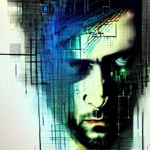 Prompt: hyperrealistic portrait of a cyberpunk man, long hair, by Guy Denning, Johannes Itten, Russ Mills, glitch art, hacking effects, glitch effects, digital tech effects, cybernetics, detailed lines, holographic, chromatic, color blocking!, front view, oil on canvas, octane, concept art, abstract, blue and black, 8k, cinematic, trending on artstation