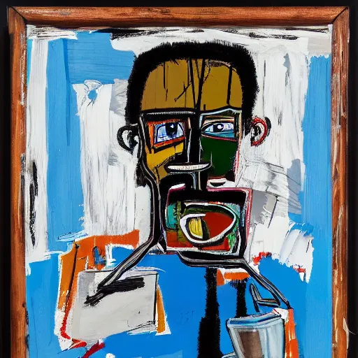 Prompt: Evening . Sunlight is pouring through the window lighting the face of an angry man drinking from a blue cup of coffee. Detailed and intricate brush strokes, oil paint and spray paint, markers, paper collage, crayon transfer on canvas. Painting by Basquiat, 1984