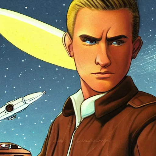 Prompt: character concept art of handsome butch princely heroic square - jawed emotionless serious blonde woman aviator, with very short butch slicked - back hair, wearing brown leather jacket, standing in front of small spacecraft, illustration, science fiction, highly detailed, ron cobb, mike mignogna