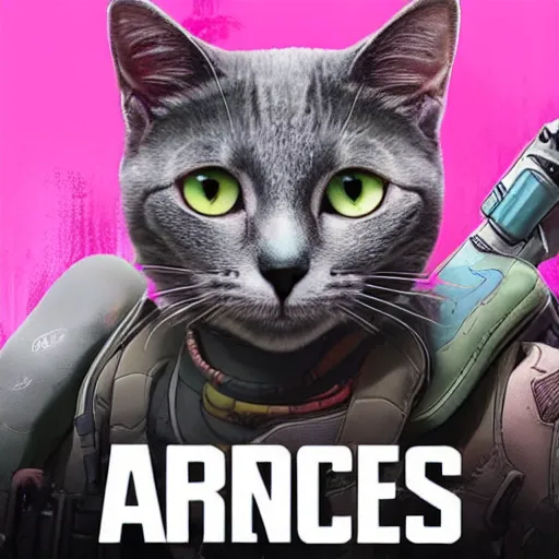 Prompt: cute grey cat plays apex legends, comic style, video game, pink background