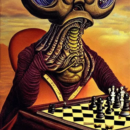 Image similar to alien playing chess looking wise, rococo oil painting, highly detailed