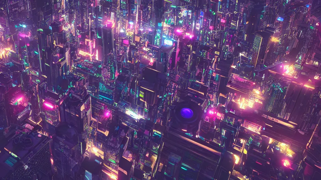 Prompt: cyberpunk city built in the sky, nighttime, fluorescent led, made in blender, octane render, cinematic, volumetric lighting, futuristic,, hyperrealistic, highly detailed, colourful 4 k hd