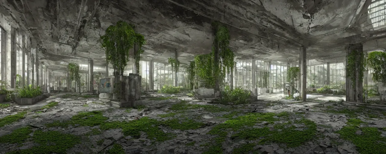 Prompt: inside abandoned mall with escalator and walls having moss and ferns 8 k uhd, unreal engine, octane render in the artstyle of finnian macmanus, john park and greg rutkowski