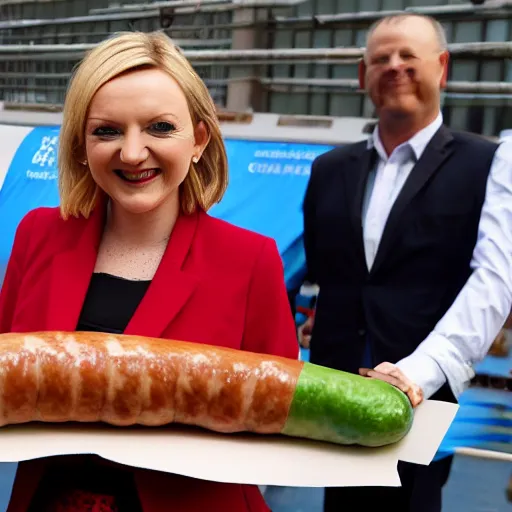 Prompt: liz truss wrapped in sausages