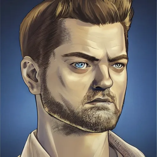 Prompt: beautiful portrait of a man with a short-beard blue eyes(looking like joshua jackson and aaron paul, sean bean), in the style of Enki Bilal and Joe Jusko and Alex Ross, backlit, trending on artstation