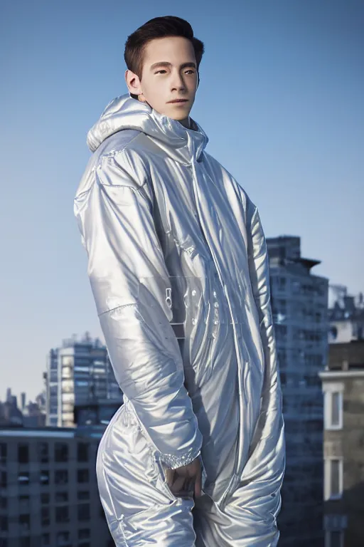 Image similar to un ultra high definition studio quality photographic art portrait of a young man standing on the rooftop of a british apartment building wearing soft baggy inflatable padded silver iridescent pearlescent clothing. three point light. extremely detailed. golden ratio, ray tracing, volumetric light, shallow depth of field. set dressed.