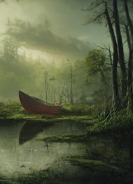 Image similar to painting of a boat in a swamp, a detailed matte painting by senior environment artist, cgsociety contest winner, fantasy art, concept art, matte painting, cryengine