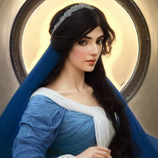 Image similar to ameera al taweel, bright blue eyes, long wavy black hair, white veil, front , highly detailed, digital painting, artstation, concept art, smooth, sharp focus, illustration, ArtStation, art by artgerm and greg rutkowski and alphonse mucha and J. C. Leyendecker and Edmund Blair Leighton