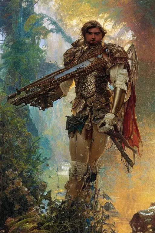 Image similar to portrait of a beautiful man wearing a warrior armor, holding a retro futuristic rifle, drenched body, wet dripping hair, emerging from the water, fantasy, regal, fractal crystal, fractal gems, by stanley artgerm lau, thomas kindkade, alphonse mucha, loish, norman rockwell