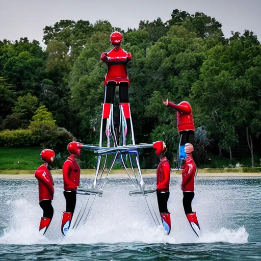 Prompt: Highly detailed professional photography of tesla bots doing a human pyramid while water skiing