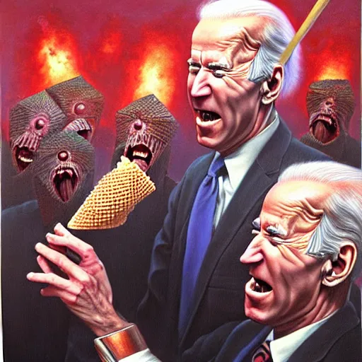 Image similar to epic Joe Biden eats waffle cone ice cream in pandemonium, demons and souls, portrait, art by Wayne Barlowe, oil on canvas