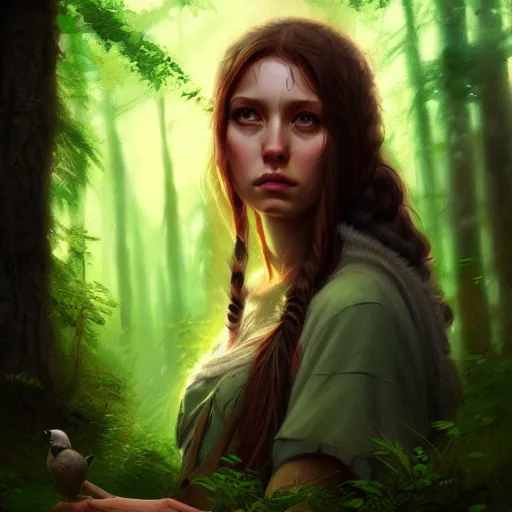 Image similar to a pretty female druid surrounded by forest animals, in the woods, hyper realistic, digital painting, photorealistic, in the style of greg rutkowski, detailed face