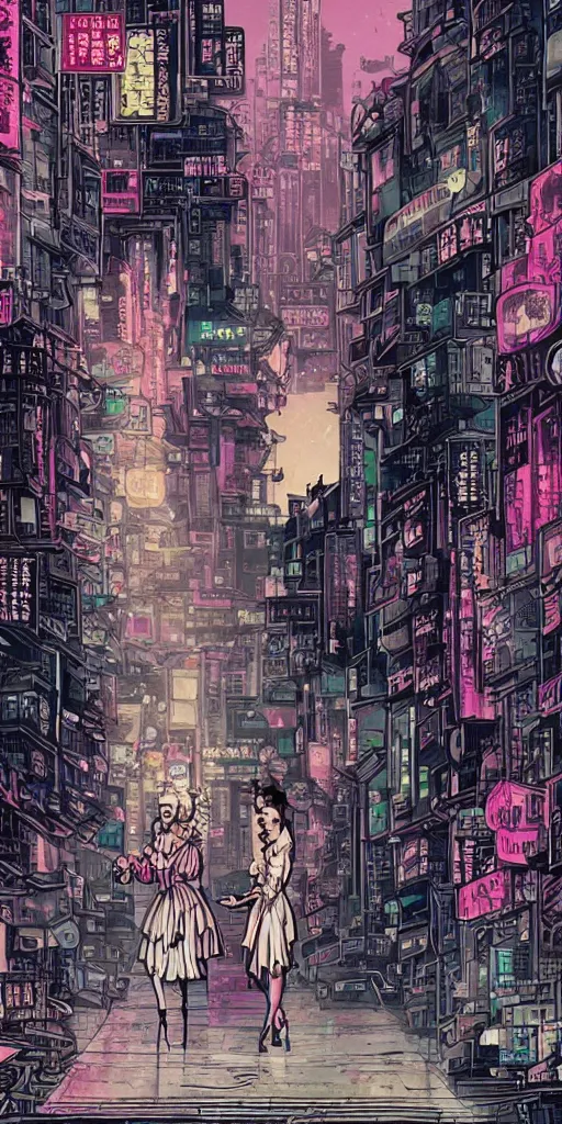 Image similar to Marie antoinette and court princess dancing in cyberpunk city street, kowloon, blade runner, Laurie Greasley, Jen Bartel, Tarmo Juhola, Roger Deakins