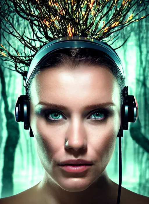 Prompt: 35mm portrait of a sophisticated intricate terminator woman's head on the background of a weird magical mechanical forest. Round gears visible inside her hear. Very detailed 8k. Fantasy cyberpunk horror. Sharp. Cinematic post-processing