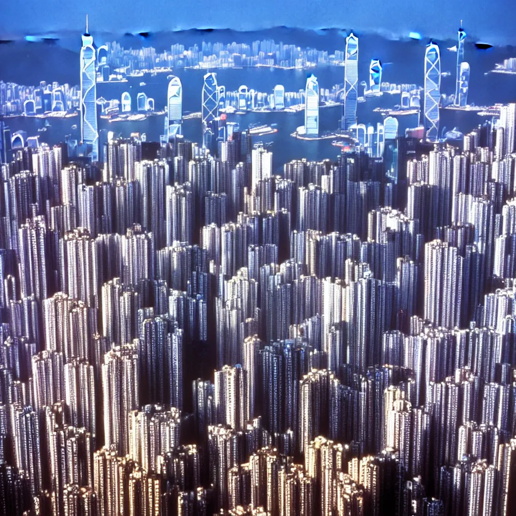 Prompt: hong kong city view from movie the fifth element 1 9 9 7, skyscrapers and flying cars, panoramic, perspective, film snapshot