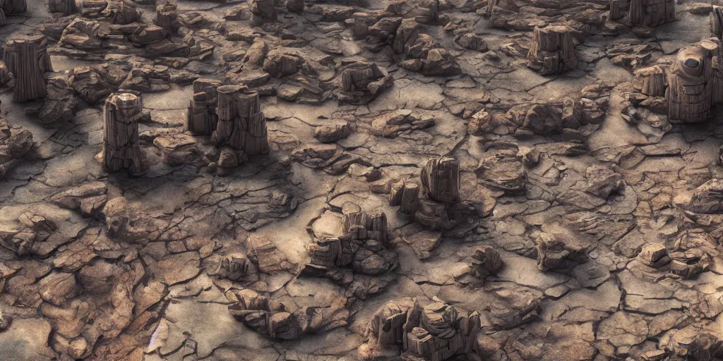 Prompt: flat surface, sci-fi rocky terrain birds eye view close up in the style of a miniature movie sets and 1980s matte paintings by Lucasfilm ultra realistic, 4K, movie still, UHD, sharp, detailed, cinematic, render, star wars, star trek, 1970s
