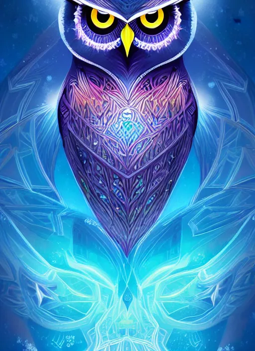 Image similar to symmetry!! product render poster vivid colors divine proportion owl, ice and snow, glowing fog intricate, elegant, highly detailed, digital painting, artstation, concept art, smooth, sharp focus, illustration,