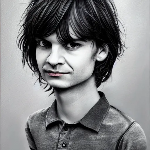 Prompt: Caricature portraits done of a young Jonny Greenwood, realistic, hyperrealistic, very realistic, highly detailed, very detailed, extremely detailed, detailed, oil painting, digital art, trending on artstation