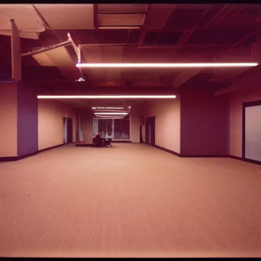 Prompt: polaroid photo a of lonely office space, desolate atmosphere, faint pink led string lights can be seen, portra 800