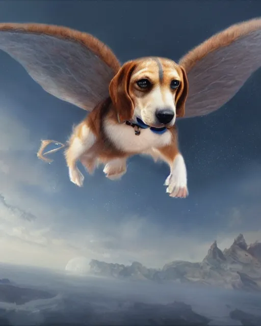 Prompt: cute flying beagle, cinematic, stunning, adorable, highly detailed fur, digital painting, artstation, smooth, hard focus, illustration, art by jessica rossier and and brian froud