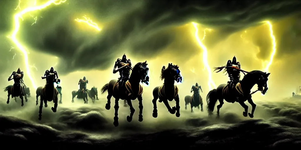 Image similar to ”four horsemen of the apocalypse riding skeleton horses towards the camera [epic, cinematic, scary, intimidating, horror, war, battle, hell, storm clouds, lightning, octane render, 8k, mattepainting, art by wlop and paul lehr and greg rutkowski]”