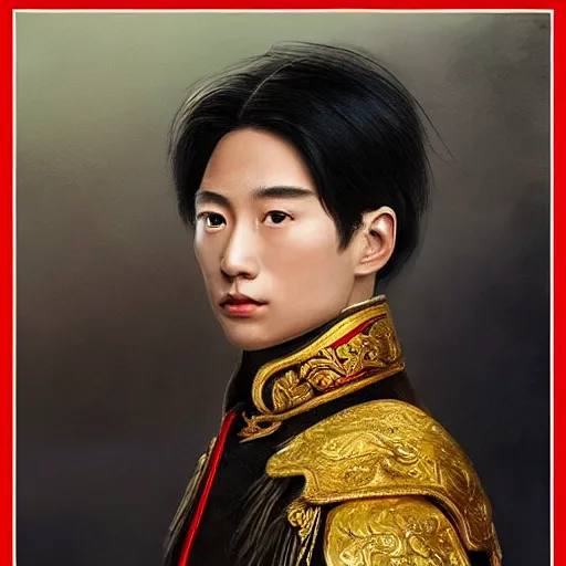 Image similar to a portrait of a young handsome Chinese prince, long black hair, golden eyes, elegant, intricate, backlit, incredible lighting, strong rim light, subsurface scattering, epic beautiful landscape, cherry trees, highly detailed, god rays, digital painting, by Heise Jinyao, Heise-Lian Yan Fang, Feimo, Rossdraws, HDRI, vivid colors, high contrast, 8k resolution, photorealistic