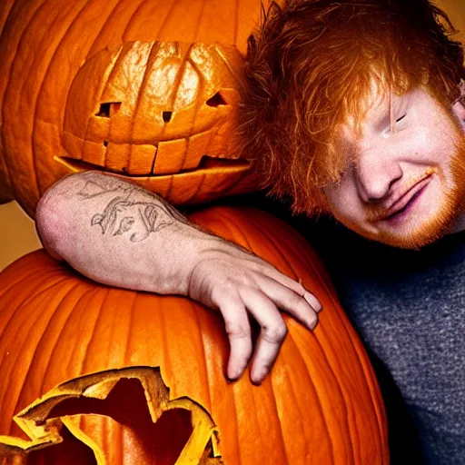 Image similar to Ed Sheeran crying trapped inside a pumpkin